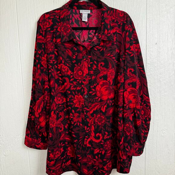 Catherines Button Front Red Black Floral Shirt Size 2X Dark Romantic 22/24W - Picture 5 of 6